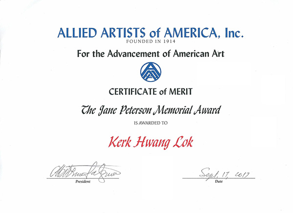 The Jane Peterson Memorial Award in The Allied Artists of America, Inc. 104th Annual Juried Exhibition, The Salmagundi Club, New York, USA